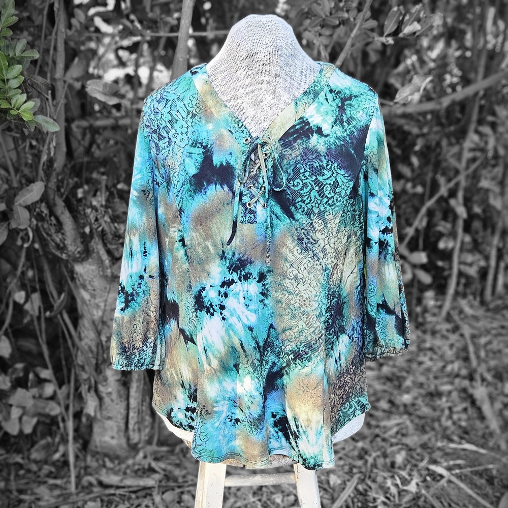 Vibrant Blue and Green Patterned Boho Top